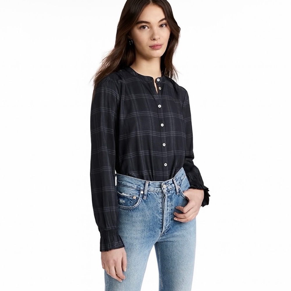 Faherty Women's Harper Button Up Ruffled Cuff‎ Top Aspen Black Gray Plaid XS